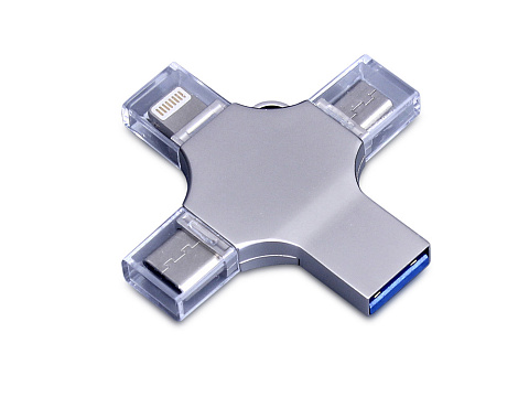 USB-флешка на 64 Гб 4 в 1 поворотный механизм, c дополнительными разъемами MicroUSB, TypeC и Lightning, серебристый