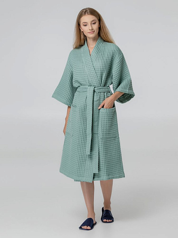 Халат вафельный женский Boho Kimono, зеленая мята - рис 7.