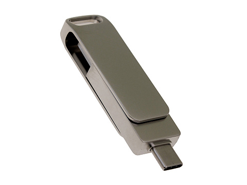 USB 3.0- флешка на 32 Гб поворотный механизм 2 в 1, c дополнительным разъемом Type-C с одноцветным металлическим клипом, серый - рис 2.
