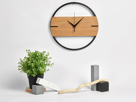 Деревянные часы с металлическим ободом, диаметр 30 см, Time Wheel горизонтальные, натуральный/черн - рис 6.